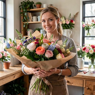 a florist holding a wrapped bouquet