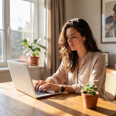 a woman working at a laptop in a sunlit room