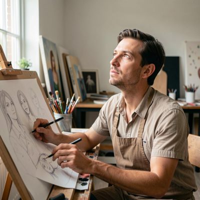 a designer at a drawing board looking up