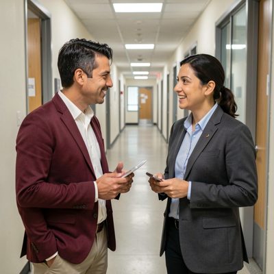 two colleagues talking in a corridor