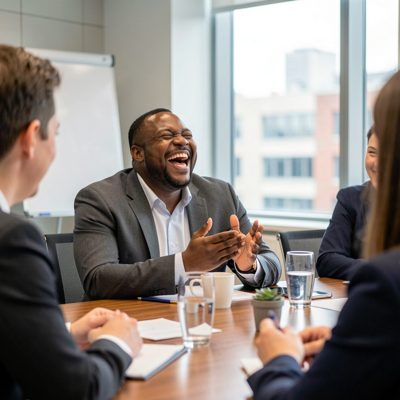 a person laughing during a meeting