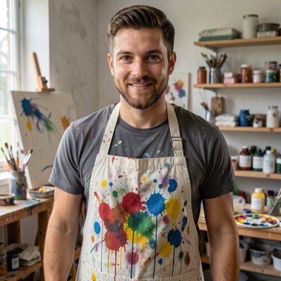 an artist in a paint splattered apron
