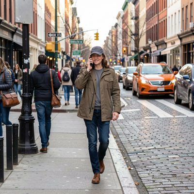 a person on a phone call walking down a street