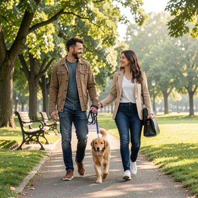 a couple walking a dog in a park