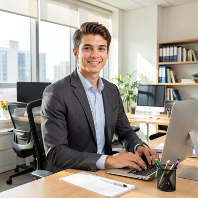 a young professional in a bright office