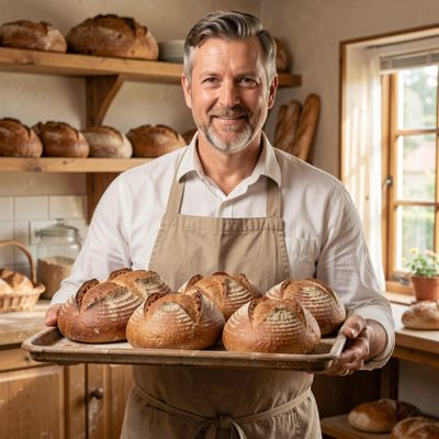 a baker holding a tray of fresh bread