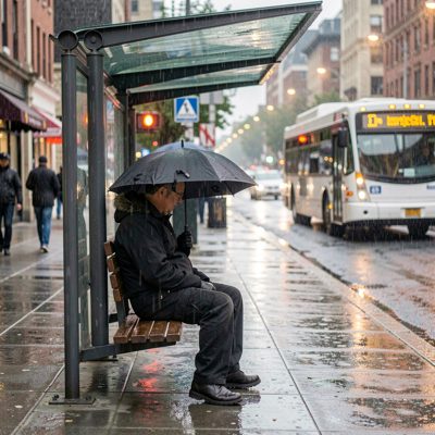 a person waiting at a bus stop in the rain