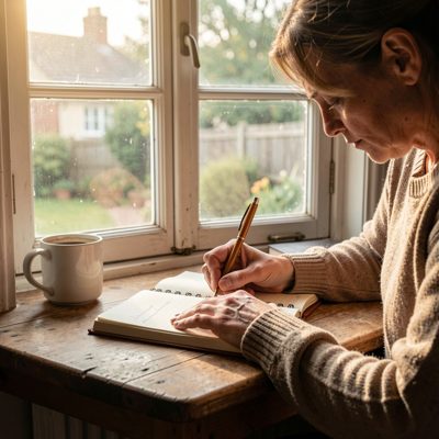 a person writing in a notebook at a window