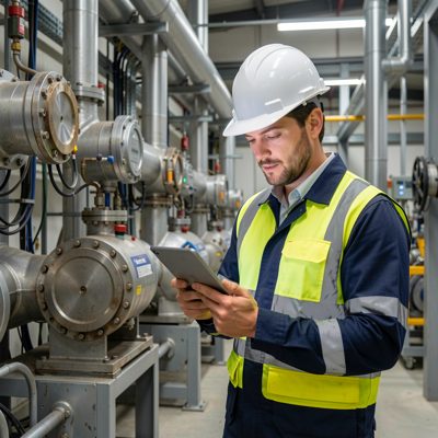 an engineer inspecting equipment with a tablet