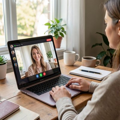 a person videocalling from a home desk