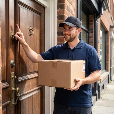 a delivery driver with a parcel at a door