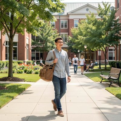 a student walking across a campus with a bag