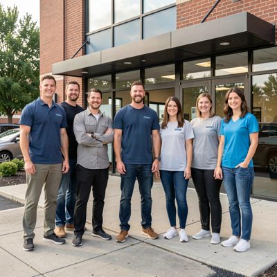 a team standing together outside their workplace