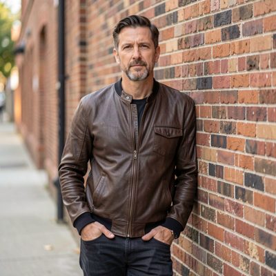 an adult man leaning against a brick wall with hands in pockets