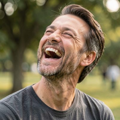 an adult man laughing with his head tilted back