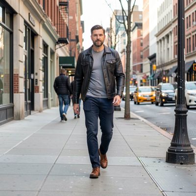 an adult man walking towards camera on a city pavement