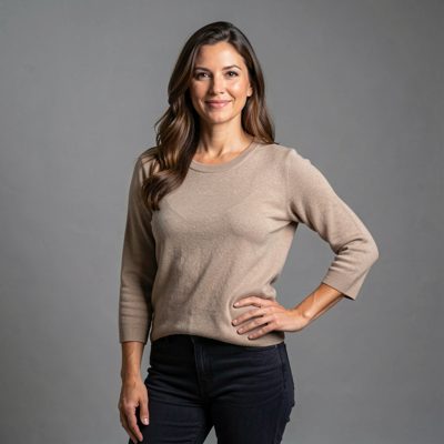 an adult woman standing with one hand on her hip in a studio