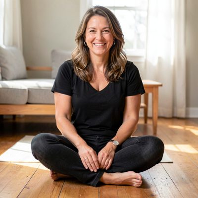 an adult woman seated cross-legged on the floor smiling