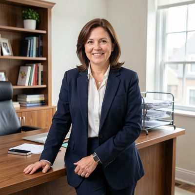 an adult woman in a blazer leaning against a desk