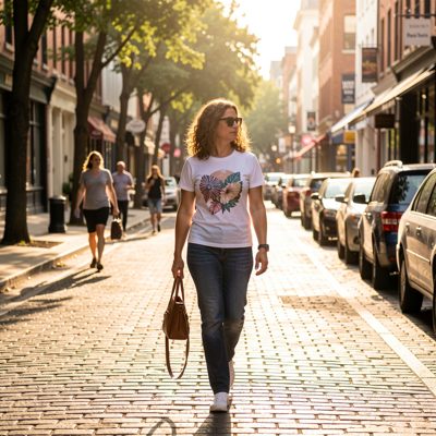 an adult woman walking through a sunlit street