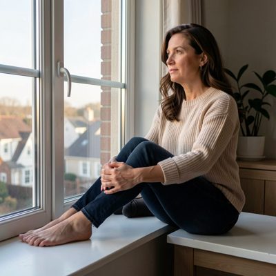 an adult woman seated on a windowsill looking outside
