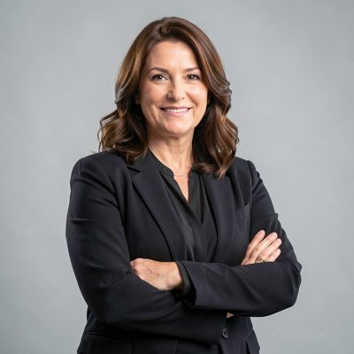 an adult woman with arms folded, confident expression