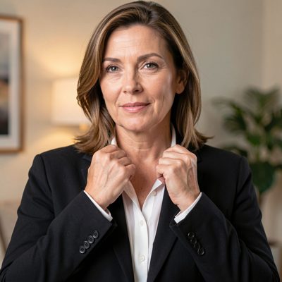 an adult woman adjusting her jacket collar
