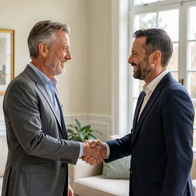 two adults shaking hands and smiling at each other