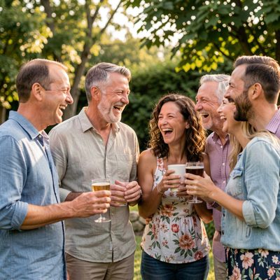 a group of adult friends laughing together outdoors