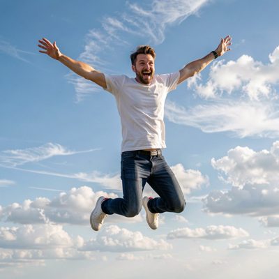 an adult person jumping with arms outstretched against the sky