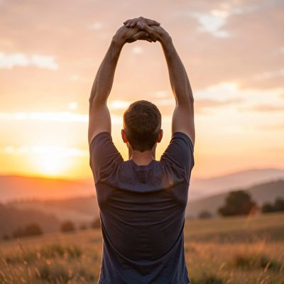 an adult person stretching their arms overhead at sunrise