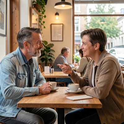 two adults deep in conversation across a cafe table