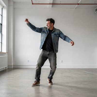 an adult person dancing freely in an empty studio