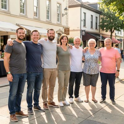 a group of adults standing together in a line, arms around shoulders
