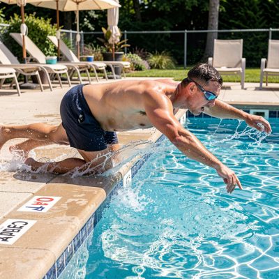 an adult man in swim trunks diving into a pool, sports photography