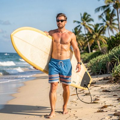 an adult man in board shorts carrying a surfboard under one arm