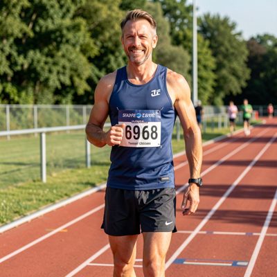 an adult man in running shorts and vest at the start of a track