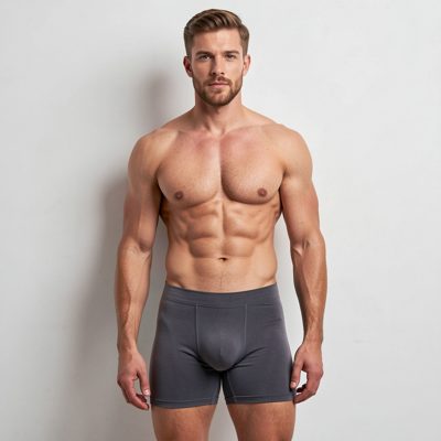 an adult man in fitted underwear against a plain studio wall, menswear catalogue photography