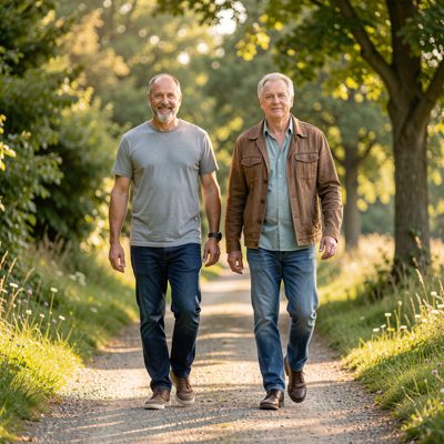 two adult men walking side by side along a path