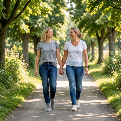 two adult women walking side by side along a path