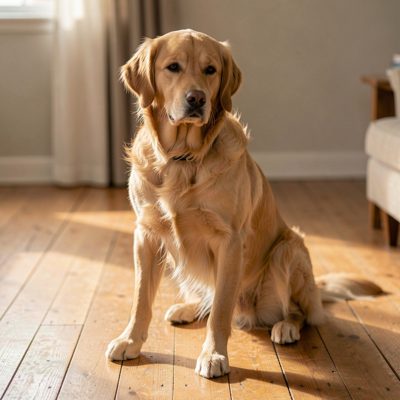 a golden retriever sitting on a wooden floor in soft light