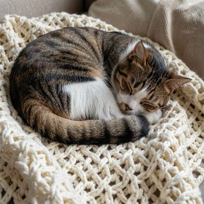 a cat curled asleep on a knitted blanket