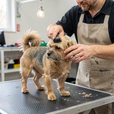 a groomer brushing a small dog on a table