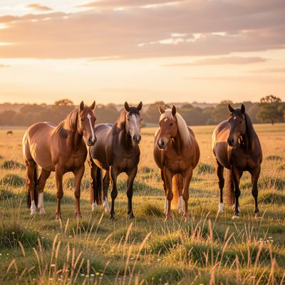 horses in a field at golden hour