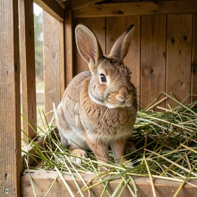 a rabbit in a hutch with fresh hay