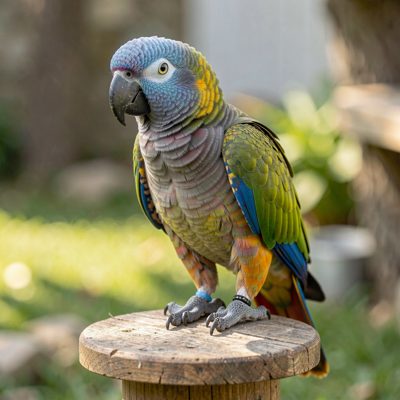 a parrot perched on a wooden stand