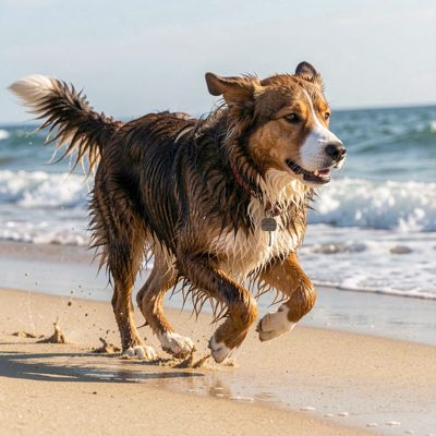 a dog running across a beach with wet fur