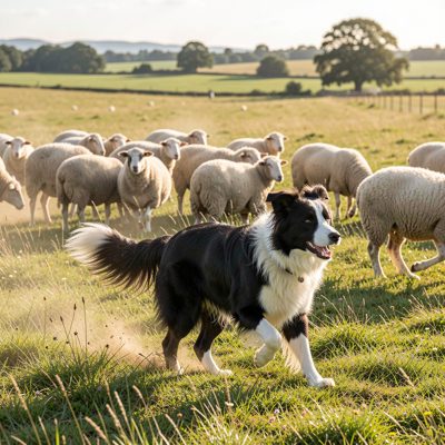 a border collie herding sheep in a field
