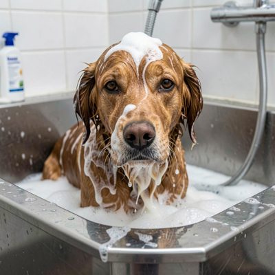 a dog being washed in a grooming bath