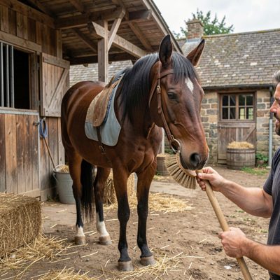 a horse being brushed in a stable yard